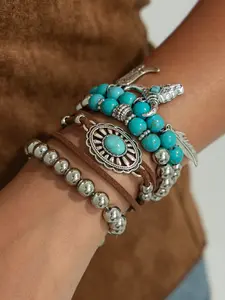 Boho Style Vintage Multi-Layer Stackable Bracelets Set, Turquoise Acrylic Beaded Bracelet, Travel Vacation, Music Festival Look