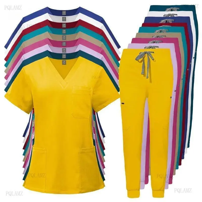 2026Uniform Suit Short Sleeve V-Neck Tops & Jogger Pants Set Multicolor Women's Casual Nursing Uniform for Comfort and Work - Fitted  women Womenswear Workwear Clothes Black(gift)