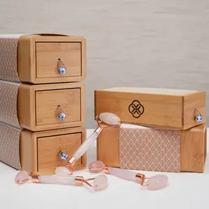 Ecokiin Rose Quartz Jade Roller with Free Ecokiin Brand Customized High-end Bamboo Jewelry Box - Certified Natural Authentic Jade Face Massager for Shrink Pores & Lubricate Skin - High-end Gift Set for Women