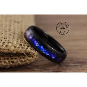 The Orian Nebula - Black Tungsten Meteorite Wedding Band with Blue Sandstone & Meteorite Inlay - Gentlemen's Bands