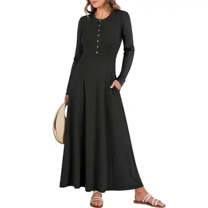 ANRABESS Women's Long Sleeve Maxi Dress 2025 Fall Casual Button Fit & Flare A-Line Swing Flowy Long Dresses Trendy Outfits