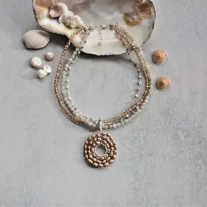 Hand Beaded Wire Wrapped Genuine Pearl Donut Shaped Pendant Necklace. Labradorite and Crystal Necklace. Multi Stone Statement Necklace.