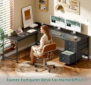 Furologee 63" L Shaped Computer Desk with Power Outlet & USB-C Port, Reversible Home Office Desk with 2 Fabric Drawers, File Cabinet, Hooks, Large Corner Table for Gaming, Writing, Work, Black