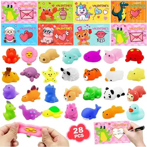 28 Packs Valentine Mochi Squishy Toys with Cards Animal Squishies for Kids Valentines Day Gift Exchange Boys and Girls Classroom Prizes Valentine Party Favors Supplies