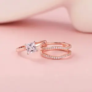 925 Silver Rings for Women K Gold Luxury Jewelry Solitaire Princess Cut CZ Engagement Ring with Enhancer Wedding Bands #Love Story