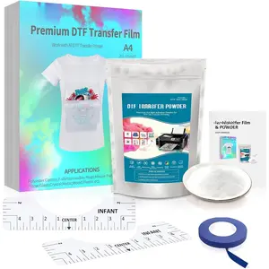 DTF Transfer Film and DTF  Set, Direct to Film Starter Kit Contains 20 Sheets A4 PET Film, 8.8 oz Hot Melt , 45 ft Recognition Tape, 2 count T-shirt Ruler Guide for Printing on T-shirts