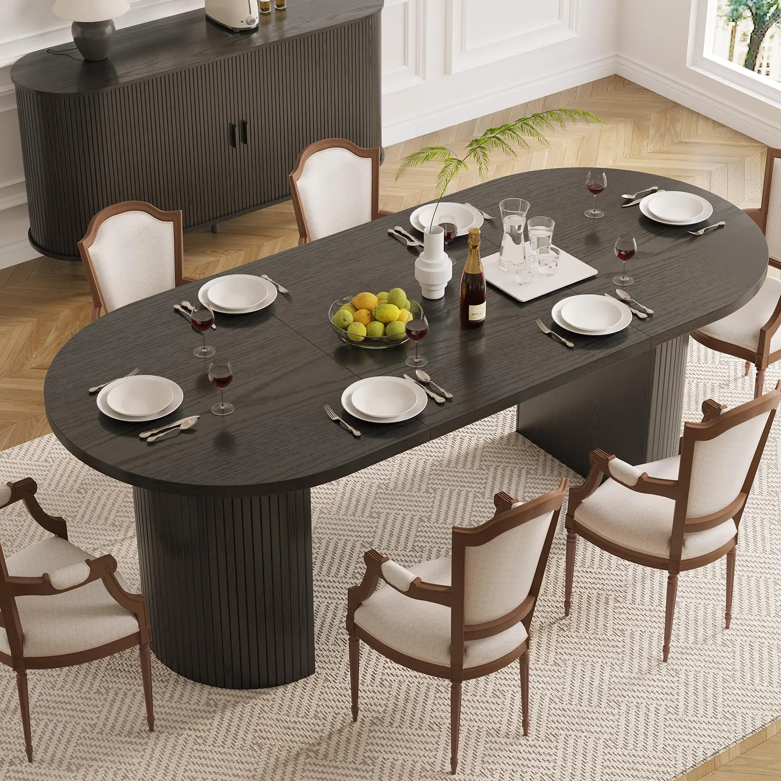 【SummerFinds】ONBRILL 70.8 Inch Dining Table for 4-6, Oval Dining Room Table with Curved Fluted Wood Strip Base, Mid-Century Modern Kitchen Tables with Footpads, Dinner Tables for Living Room, Dining Room