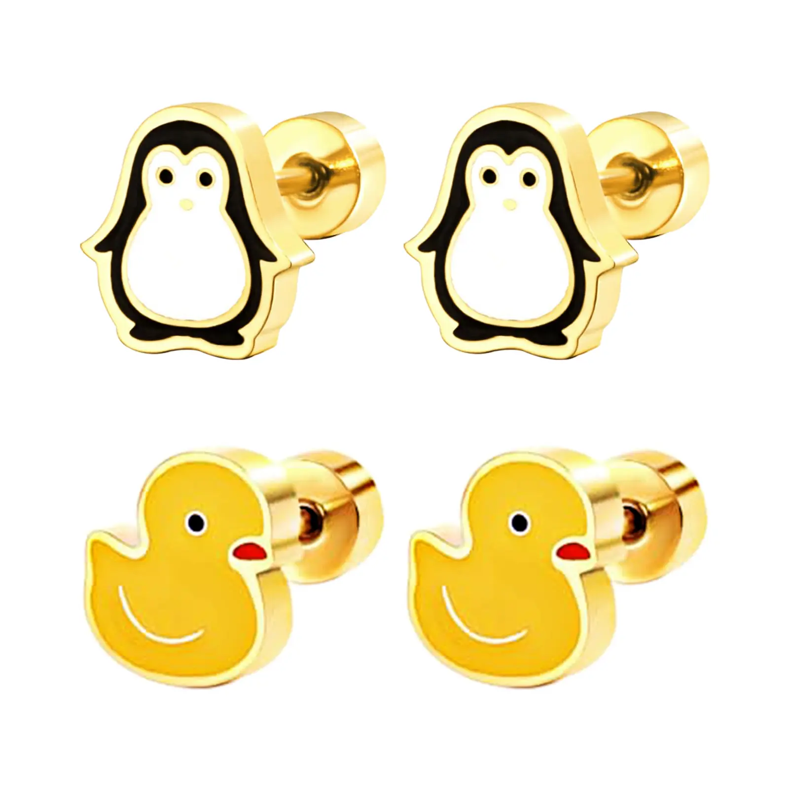 OIDEA Stud Earrings for Women, Cute Kawaii Penguin, Duck & Rainbow Animal Charms in 316L Stainless Steel, Flatback for Cartilage Piercing, School Looks & Birthday Gifts, Animal Charms Earrings, 0.31 In Duck Post Length, Flat Back Earrings