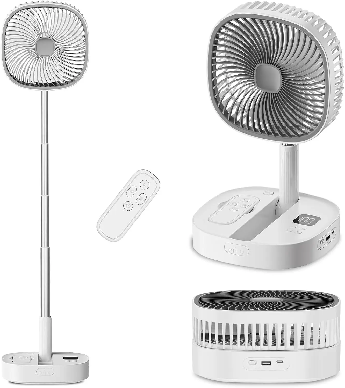 Portable Oscillating Pedestal Fan with Romote, 4 Speed 120° Telescopic Rotation Foldable Standing Collapsible Fans, 7200Mah Rechargeable, Quiet Timer DeskFan for Travel Outdoor Home, Gray