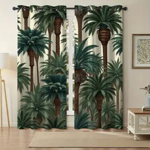 2D Plane, 2-Piece Modern Palm Tree Pattern Curtains - Semi-transparent Palm Tree Pattern Curtains with Hanging Holes, Easy Install Curtain, Machine Washable Polyester Fabric, Suitable for Bedroom, Living Room, Kitchen - Decoration, Year-Round Applicable