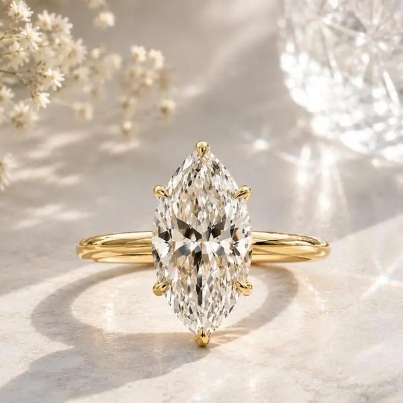 14K Gold Plated 3.5ct Marquise Cut CZ Solitaire Engagement Ring, Luxury Fashion Promise Jewelry Bridal for Daily, Wedding, Travel