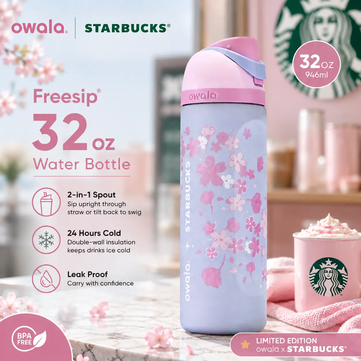 Owala FreeSip 32oz Insulated Water Bottle Starbucks Cherry Blossom Vacuum Stainless Steel, Gift For Her, Gift For Him