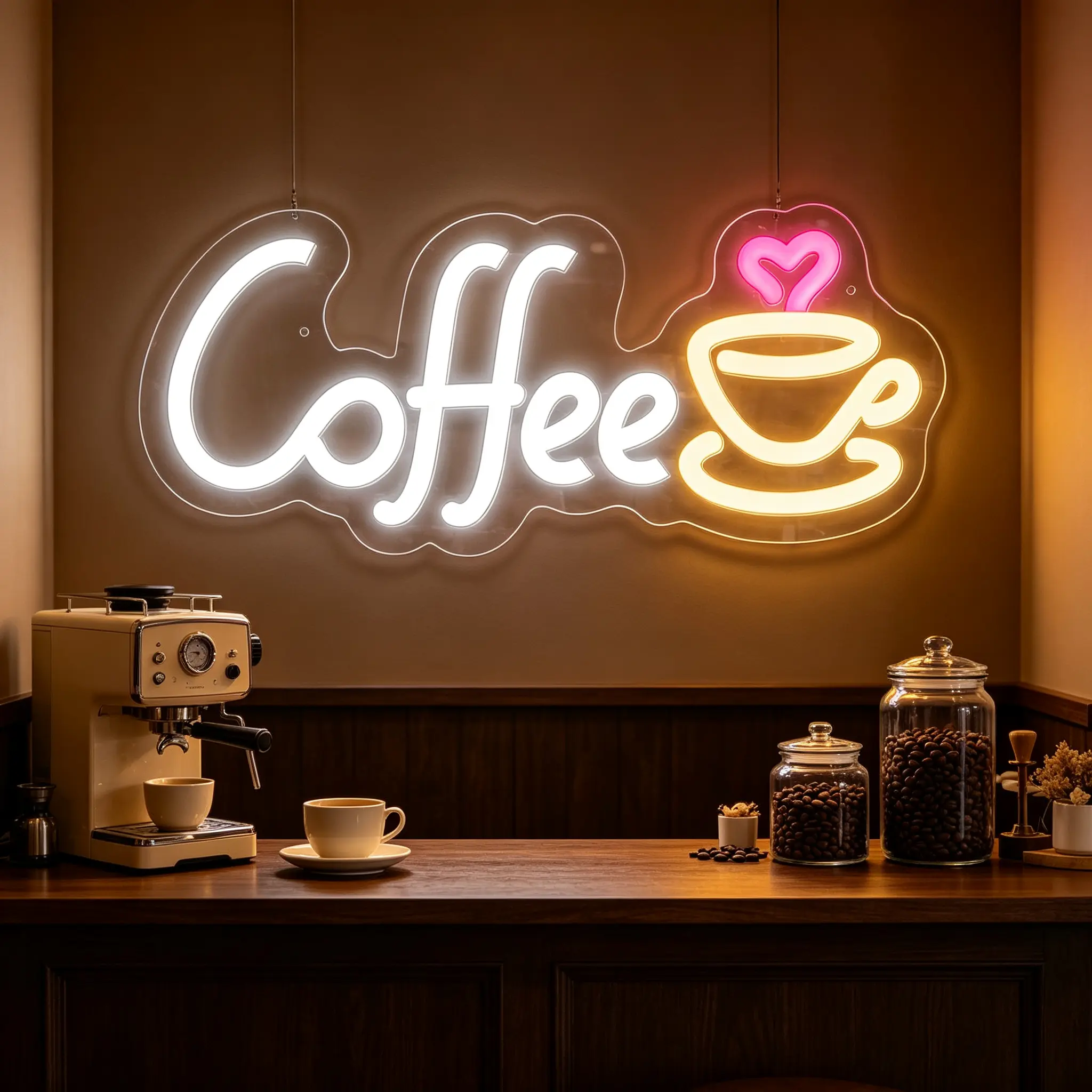 Coffee & Heart Cup Neon Sign LED Wall Light (11.02×4.61in), Vintage Cafe Shop Wall Decor, USB Powered Neon Light Sign for Coffee Bar Kitchen Bedroom Home Decoration Gift for Coffee Lovers