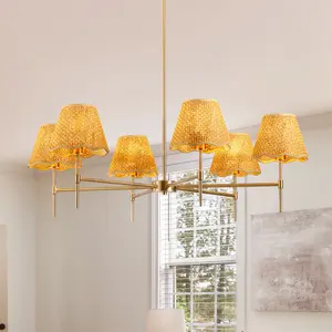 Boho Rattan Chandelier 6-Lights Rustic Industrial Pendant Light Large Adjustable Pendant Lighting Fixtures for Kitchen Island Dining Living Room,UL Listed