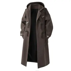 20252025 Autumn Winter New Loose Plus Size Wool Coat Men's Mid-Length Trench Coat with Horn Buttons and Hood Menswear Jackets Casual Classic