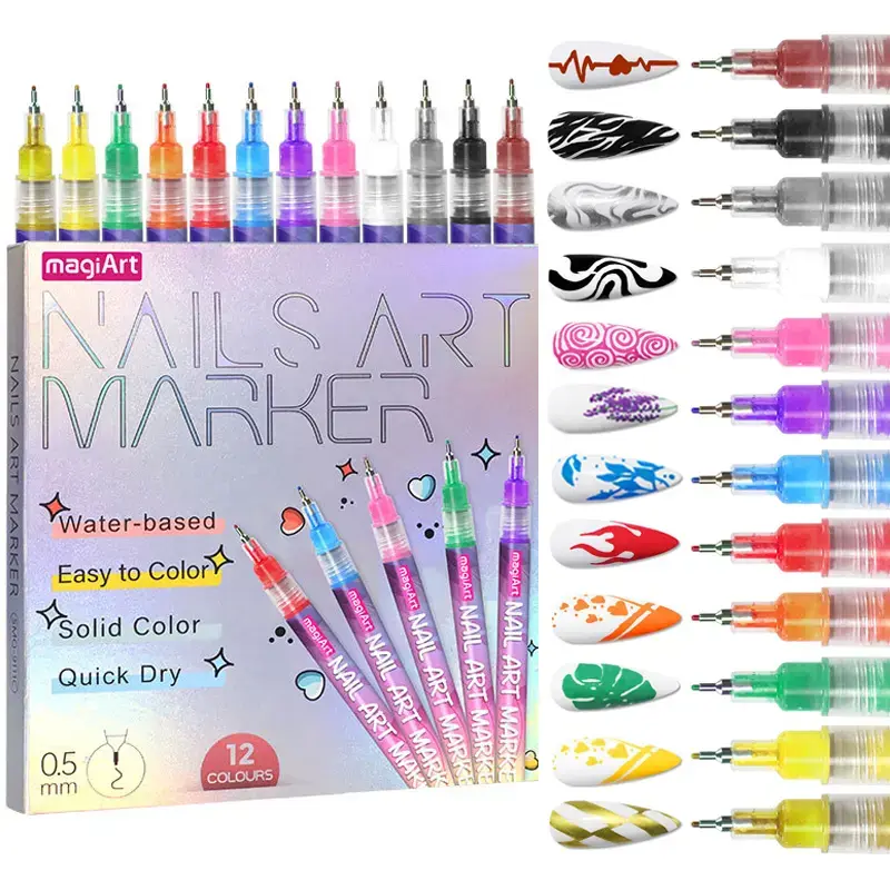 Nail Doodle Pen for DIY Nail Art Quick Drying Acrylic Painting and 3D Dot Embroidery Mma Acrylic Nail-On Nails Quick Drying Dot Stitching Nail Art Pen for Home and Salon DIY,Nail Care Cutics Manicure Polish Cosmetic(12-Color)