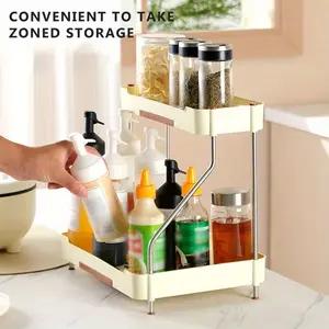 Adjustable No-Drill 2-Tier Kitchen Spice Rack, Durable Plastic Countertop Storage Shelf with Metal Support, Space-Saving Design for Small Kitchens