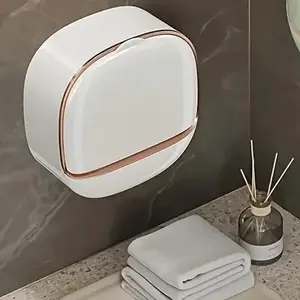 Bathroom No-Drill Soap Dish Holder with Drain Waterproof Soap Dish, Flip-Top Waterproof Wall Mounted Soap Box,Suction Cup Soap Dish for Bathroom, Kitchen, Shower. (White)