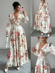 Women's Floral Print Dress, French Romantic Design, Ruched Wooden Cuffs, Lantern Sleeves, Slimming Waist, Long Maxi Dress for Spring & Fall, Casual Dress