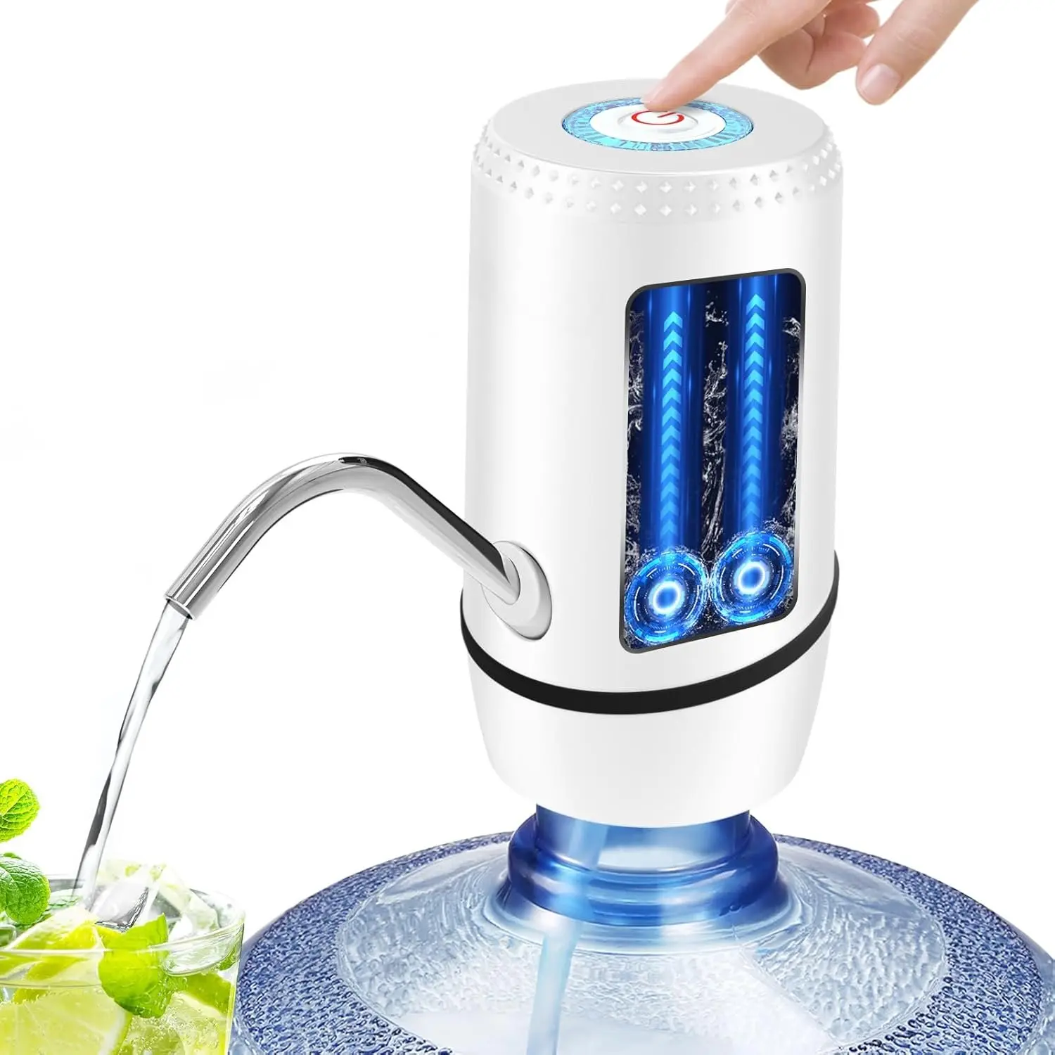 Rechargeable USB Automatic Water Jug Dispenser, 5.5cm Fit 304 Steel Spout Electric Water Pump for 5gal Bottle, 4-6 Bottles/Charge - White for Kitchen, Office