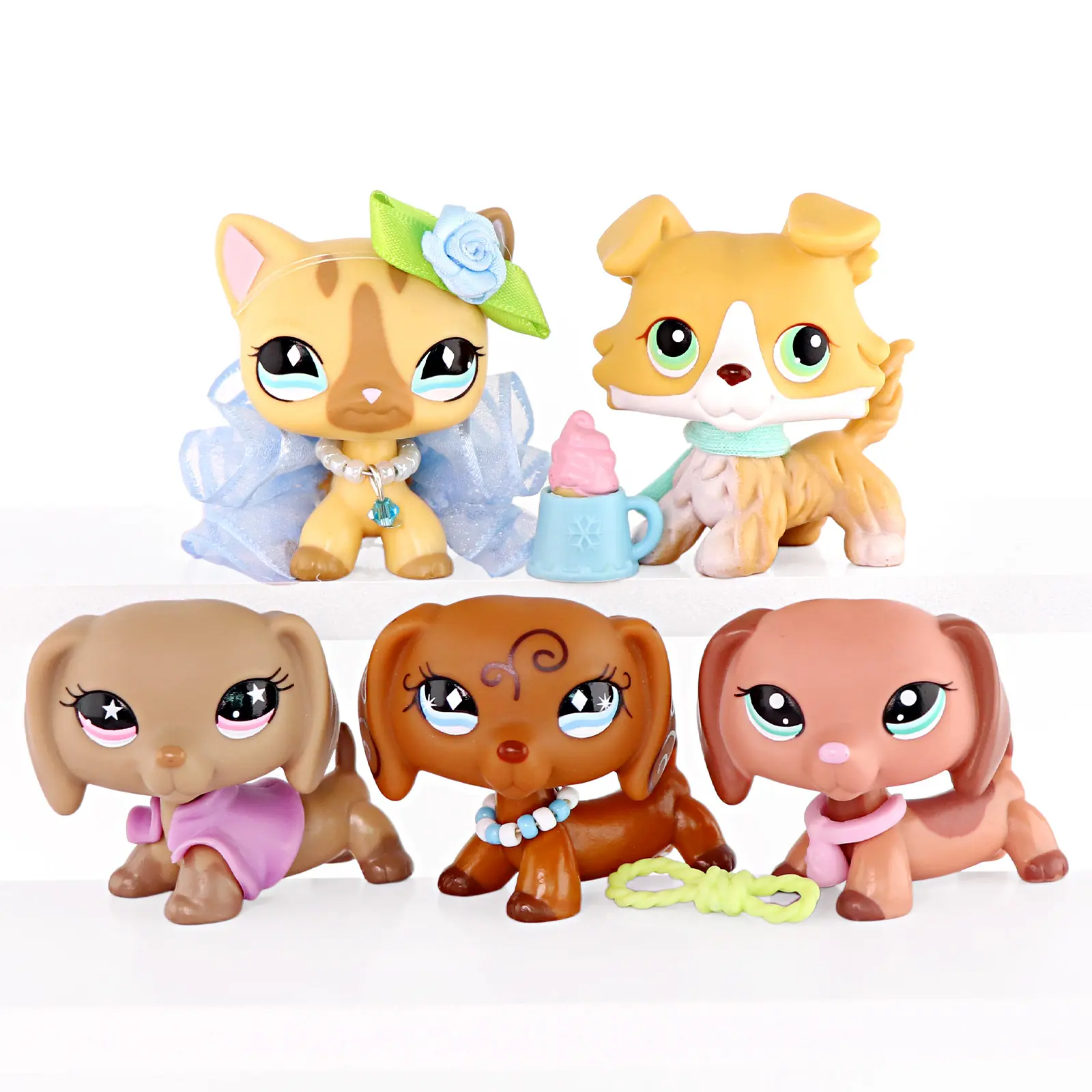 5 Pcs Cute Big Eye Kitten & Puppy Mini Figurines, Hand Painted PVC Collectible Pet Dolls with Flower Bow, Tutu Dress & Snack Cup Accessories, Pretend Play Toys, Cake Topper Decor & Kids Birthday Holiday Gifts