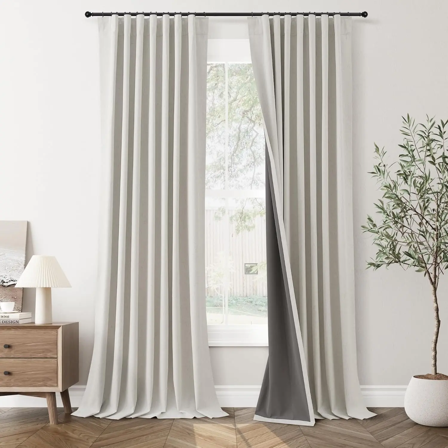 Jowels 50 Inches Wide 100% Blackout Floor-to-Ceiling Curtains, 2-Panel Farmhouse Linen Blend Set, Thermal Insulated Drapes with Natural Hook Belt & Pleated Back Tab for Bedroom, Living Room Windows