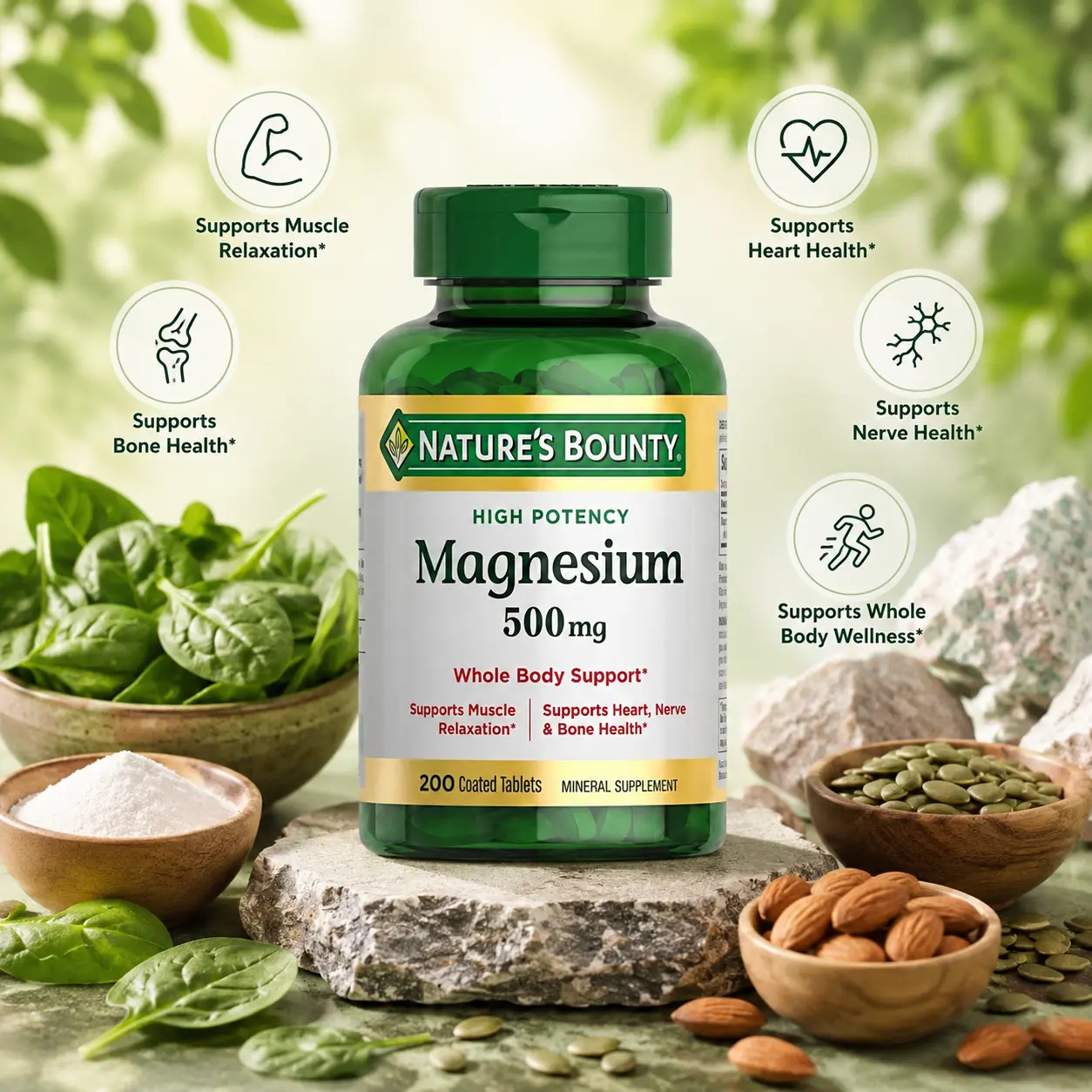 Nature's Bounty Magnesium 500 mg Tablets | High Potency Magnesium Supplement for Bone & Muscle Health | Whole Body Support | 200 Count
