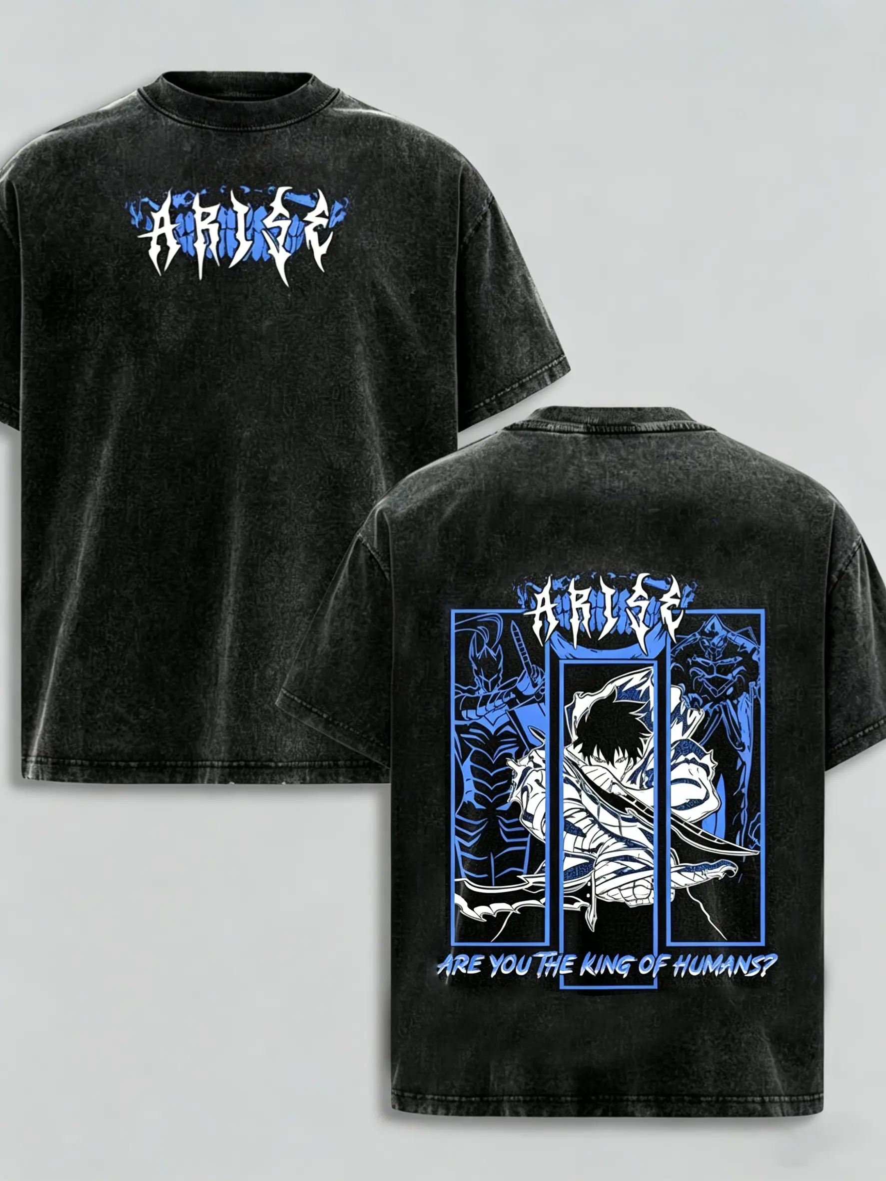 Solo Leveling T-Shirt with Sung Jinwoo Arise Graphic, Oversized Vintage Washed Shortsleeve Top, Double Sided Shadow Monarch Unisex Streetwear, Tshirt, Menswear, Teenage Dirtbag Aesthetic, Casual, Grunge Aesthetic, Cotton