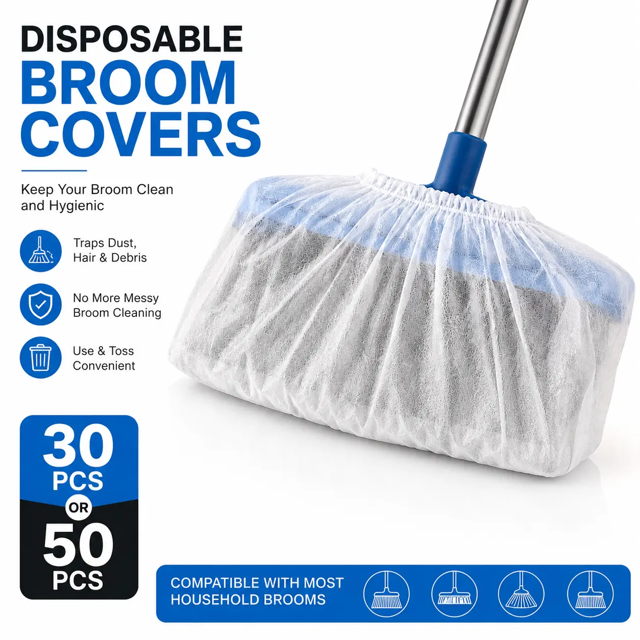Disposable Broom Dust Covers, Non-Woven Dust Catcher Covers for Most Standard Brooms, Traps Dust, Hair & Debris, Easy to Use (30/50 Count)