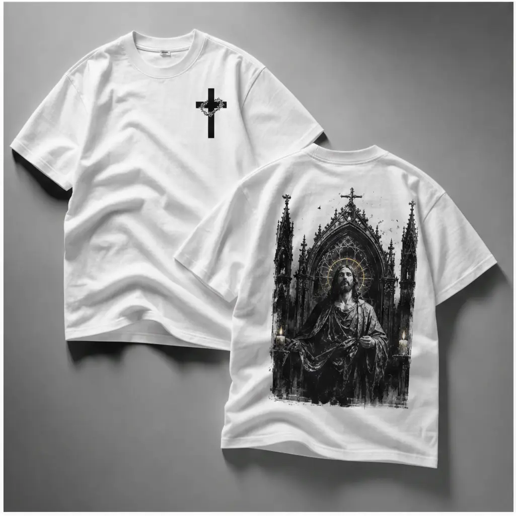 Jesus in Gothic Cathedral Oversized Tee | Medieval Christian Streetwear, Church Window & Candle Graphic, Dark Aesthetic Shirt-ZB