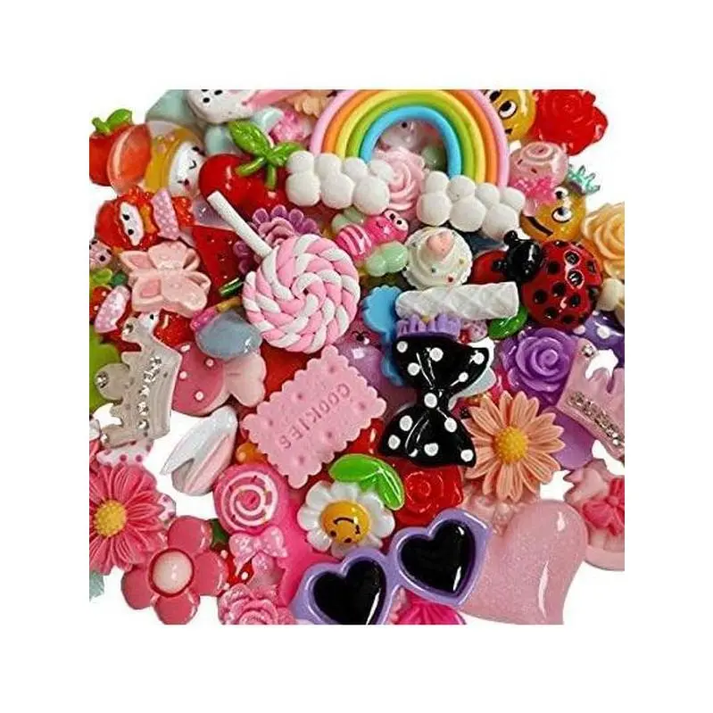 F-HDJ06 50pcs Assorted Resin Flatbacks - DIY Craft Supplies for Scrapbooking, Slime, Easter Crafts, with 1pc Transparent Storage Box