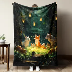 Forest Fox Illustration Print Flannel Blanket Soft Warm Throw Nap Couch Sofa Office Bed Camping Travel Gift Nature Animal Aesthetic Room Decor Cozy Woodland Creature Bedding Wrap