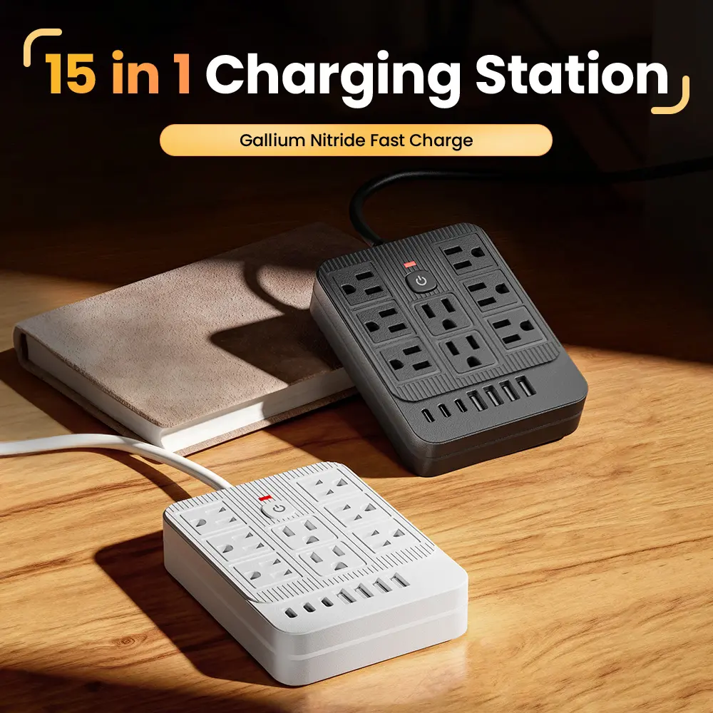 A 15-in-1 extension cord power strip with built-in surge protector, 8 outlets, 7 USB ports (3 USB C) and an on/off control button. Available in 5-foot or 10-foot lengths, it's suitable for homes, offices, living rooms, dormitories, schools, etc.