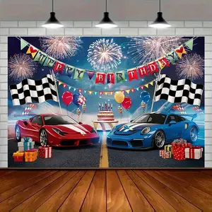 1pc Modern Farmhouse Amber Glow Polyester Racing Car Birthday Banner, 75g/m² Lightweight Wall Decor, Festive Party Supplies, Party Decorations Banners, Multi-Color Ornaments