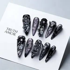 10-Piece Set, TRUTH AMOR Amethyst Dark Dragon, Handcrafted Long Pointed Press-On Nails, Salon Quality Nails, Pressed on nails, Dark-Style Artistic Vibe, Removable & Reusable, Perfect for Parties & Daily Wear, Christmas Gift
