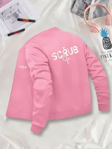 Women's Graphic Zipper Baseball Jacket, Casual Fitted Scrub Pattern Coat, All Season Wearable Outerwear, Stylish Ladies' Clothing, Aesthetic, Womenswear