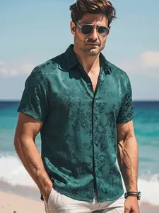 Tropical Vacation Style Shirt Men, Dark Green Jacquard Floral Print Button Down Tee, Slim Fit Outfit for Daily Wear, Vacation, Casual Occasions #springsaledeals2026 #summeroutfits #fyp #mensfashion