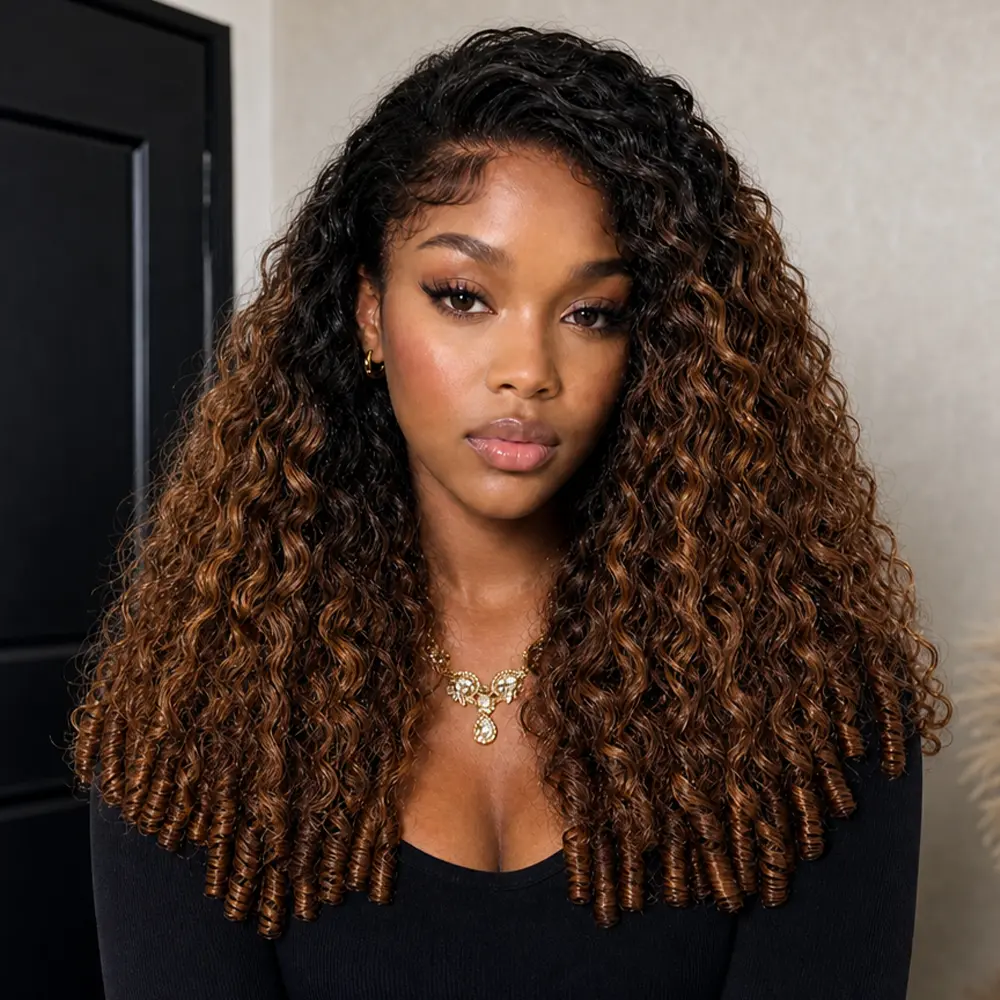 CurlyMe 3 IN 1 Blonde Color Burmese Curly Wear Go Glueless Half Wig With Black Roots 180% Density Natural Blend Seamless Flip Over Human Hair Wigs With Drawtring Invisible Hairline No Lace Beginner Friendly