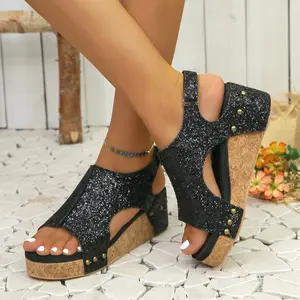 summer Womens Metallic Casual Sandals Casual Mid Heel 2-3" leopard print rivet fish mouth Velcro wedge heel thick-soled Black Girl platform sandals wide feet sandals boho style sandals