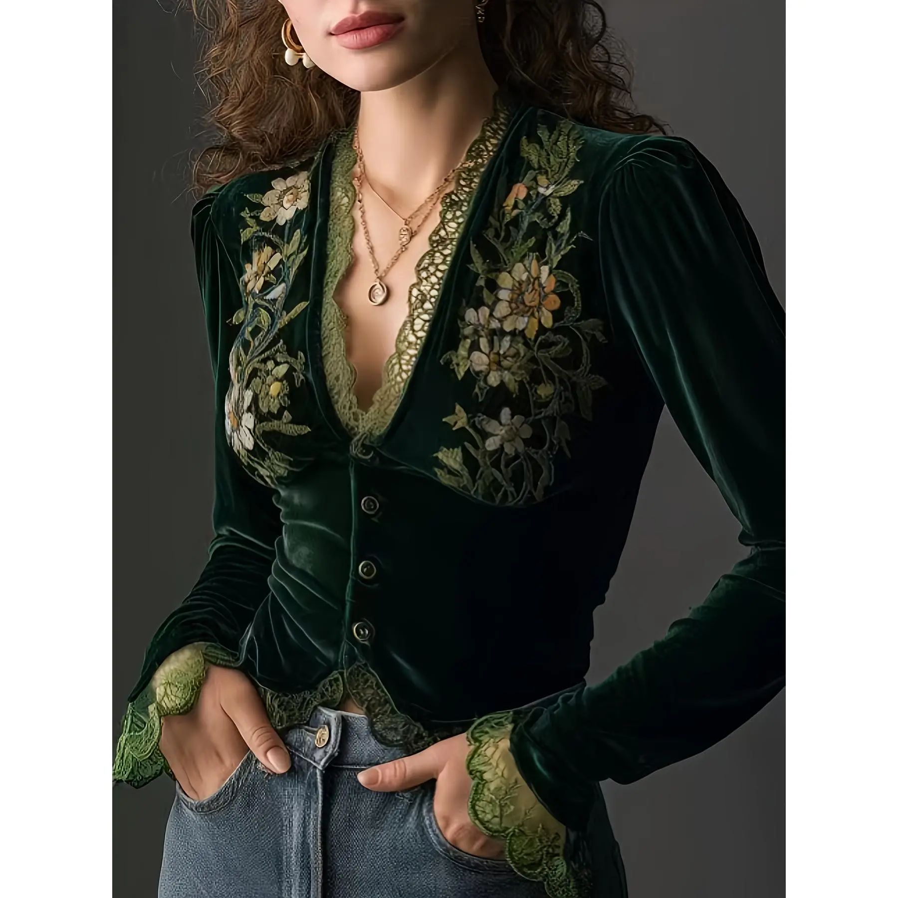 Fitted Velvet Blouse for Women with Elegant Floral Embroidery and Decorative Long Lace Sleeves, Decorative Lace Blouses & Shirts, Elegant Look, Cloth Blouses & Shirts