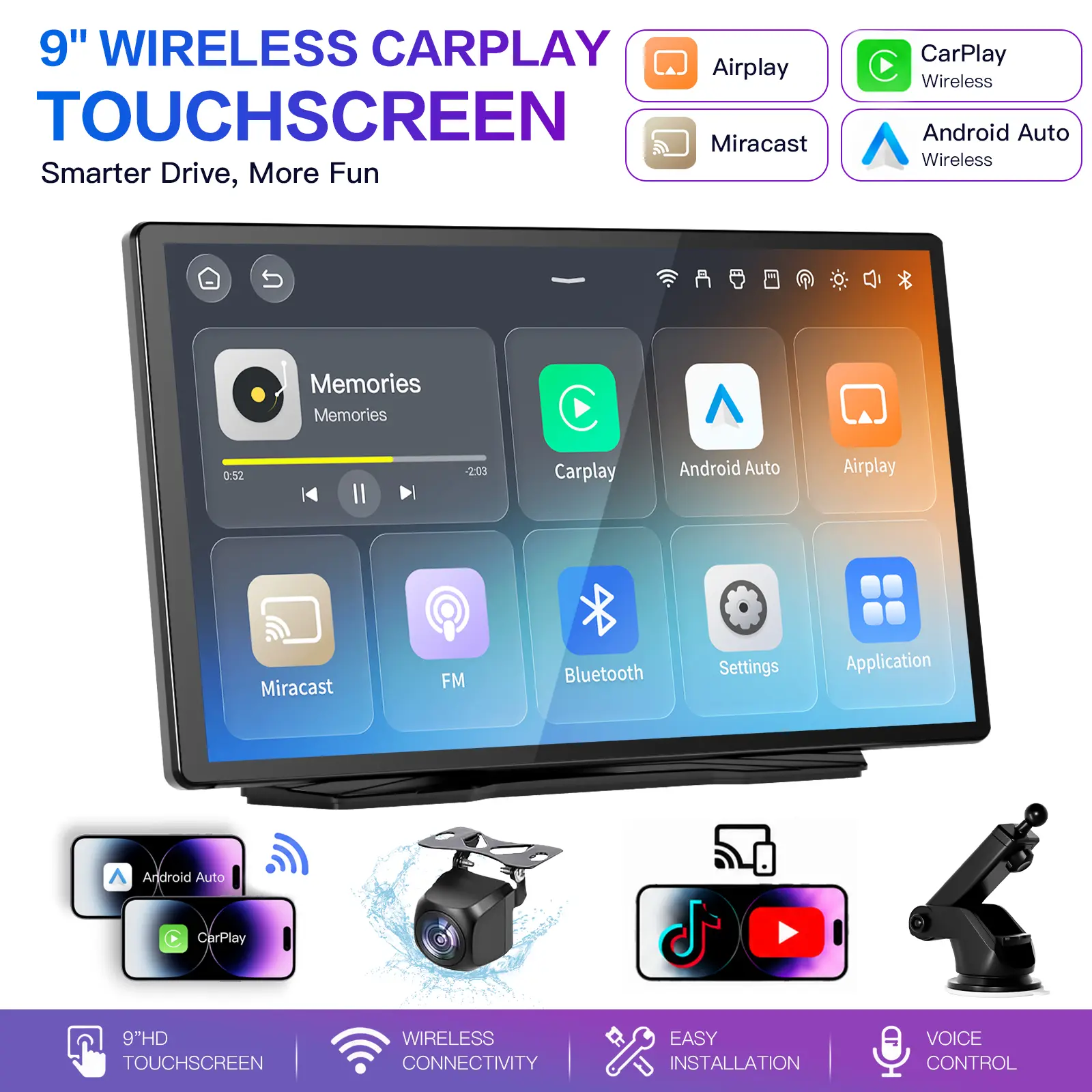 【YMQ】Hot Selling - 2026 Model 9-inch Wireless CarPlay Screen - Portable touchscreen supporting CarPlay, Android Auto, GPS, Mirror Link, and rearview camera | Voice control; requires mobile data after connection, ignore other Wi-Fi networks.