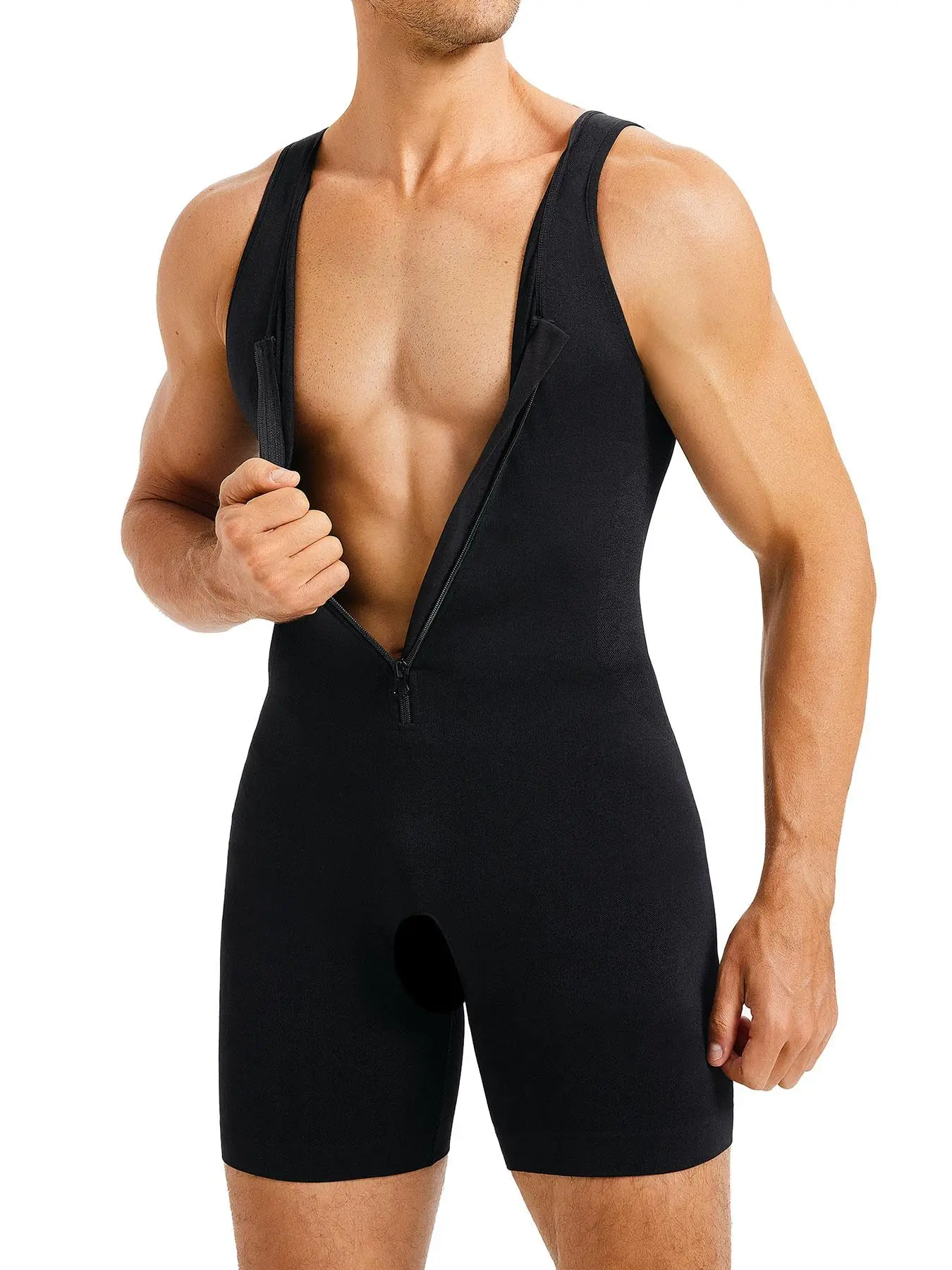 Men's Solid Zipper Shapewear Bodysuit, High Stretch Tummy Control Shapewear for Men, Compression Shirts Full Body Shapewear for Men, Tummy Tuck Clothe