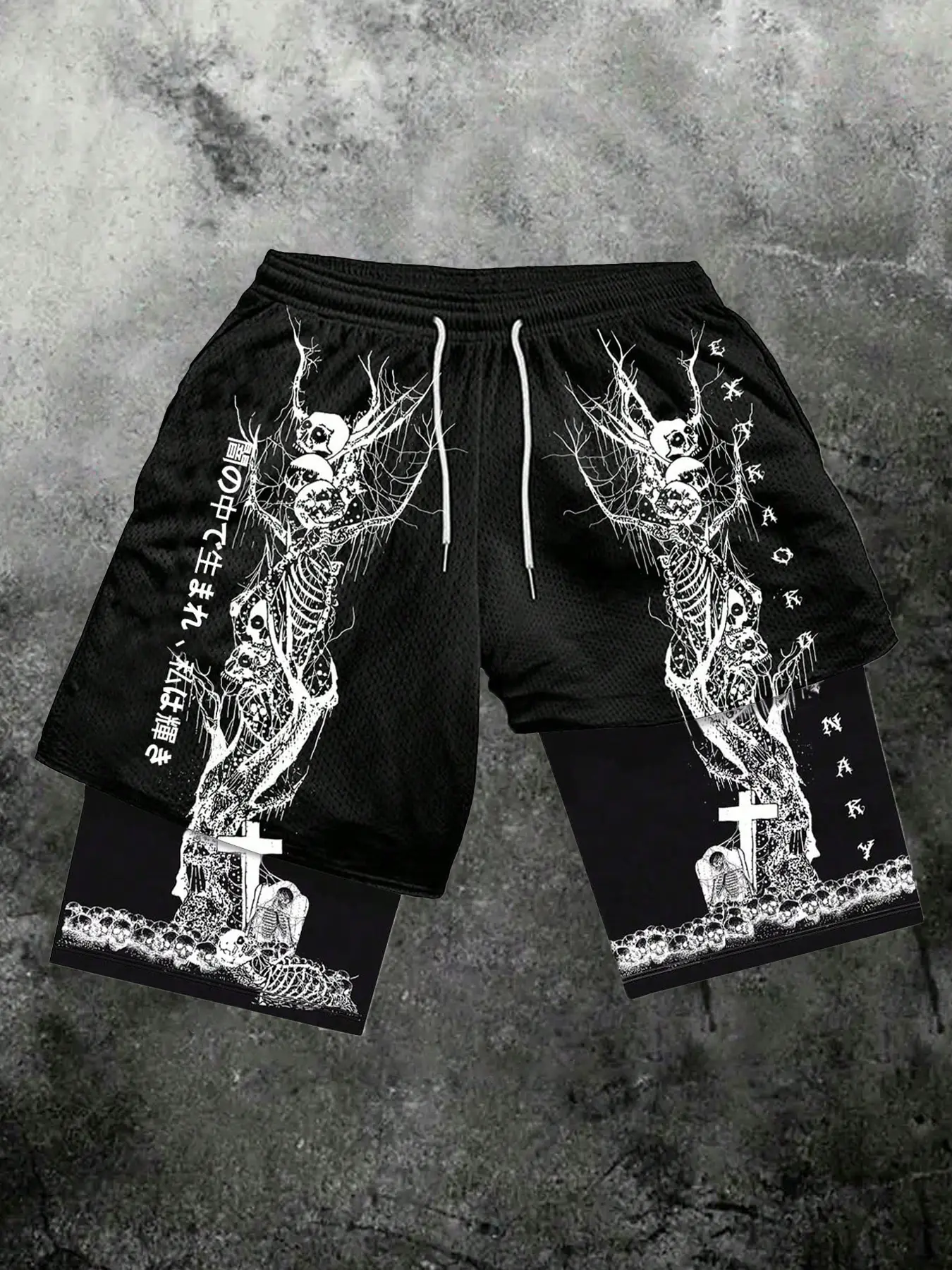 Men's Gothic Skull Print Two-In-One Gym Shorts, Summer Fashion Streetwear, Casual Fitted Gym Outdoor Campus Style, Streetwear Sports Shorts, Graphic Print Shorts