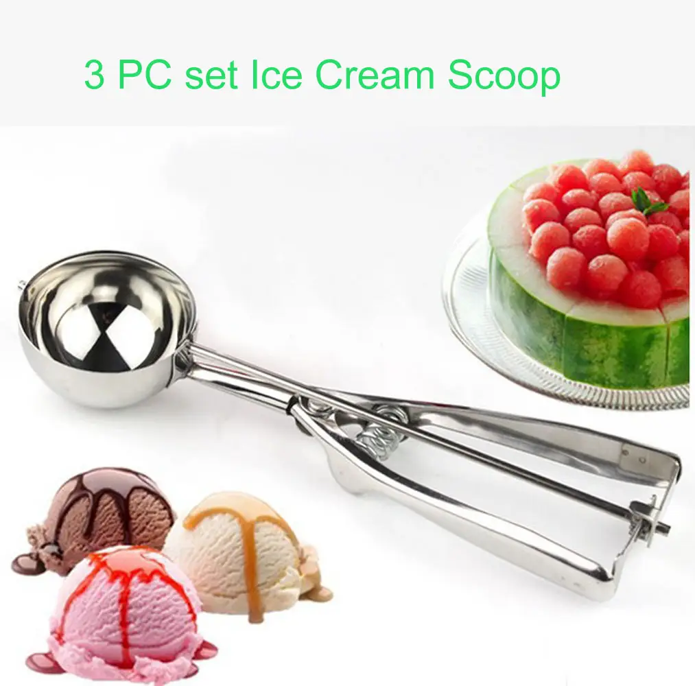 Yokoma 3 Piece Ice Cream Scoop,Stainless steel Fruit DIY spoon Spring Handle Masher Cookie Scoop Kitchen Utensils Shaped Watermelon
