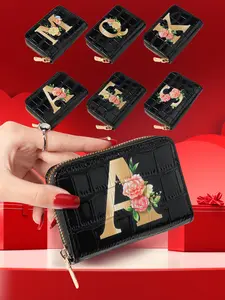 Women's Fashion Letter Pattern Design Crocodile Embossed Pu Leather Zipper Wallet, Flower Pattern Wallet, Casual Trendy Versatile High-quality Daily Commuting Wallet for Women