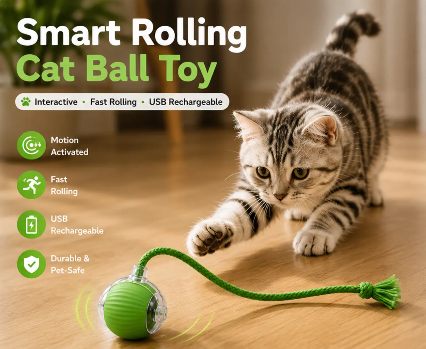 additional tail Cat Toys Interactive Cat Ball Toy with Moving Tail, USB Rechargeable Motion Activated Rolling Pet Toy with LED Light, Automatic Exercise Teaser for Indoor Cats, Kittens and Small Dogs, Fast Rolling Fun for Boredom Relief