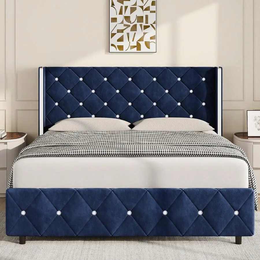 With  Headboard, Upholstered   With Diamond Headboard And Footboard, Velvet  Modern  , Easy Assembly, Purple/ Blue/ Pink/ White/ Black/ Green, Twin/ Full/ Queen/ King LED Cloud  Frame, Self-Assembling  Frames,  Panel,wood