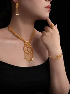 5 pieces of high-end love and soul flowing tassel bib chain copper gold-plated 18K+champagne gold elegant and noble display French romantic fashion Dubai style wedding gold jewelry suitable for brides, Valentine's Day greetings, and gift sets for women