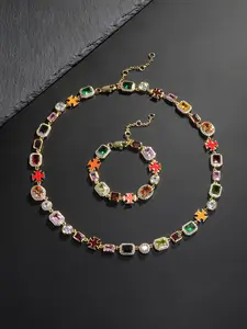 Iced Chics 2pcs/set Necklace Bracelet Set, Zirconia Jewelry Set, Colorful Zircon Cross Drip Pendant, Hip Hop Street Style, Unisex, Perfect Gift, All Seasons