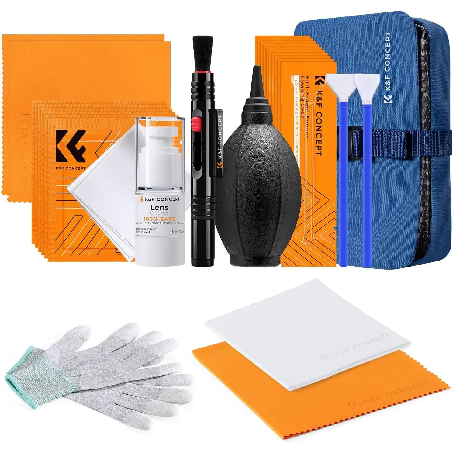 K&F Concept Professional Camera Cleaning Kit - Sensor Cleaner, APS-C & Full-Frame Swabs, Air Blower, Lens Brush, Gloves, Lens Cloths, Carry Case for FF DSLR & Mirrorless Cameras, Carry Bag